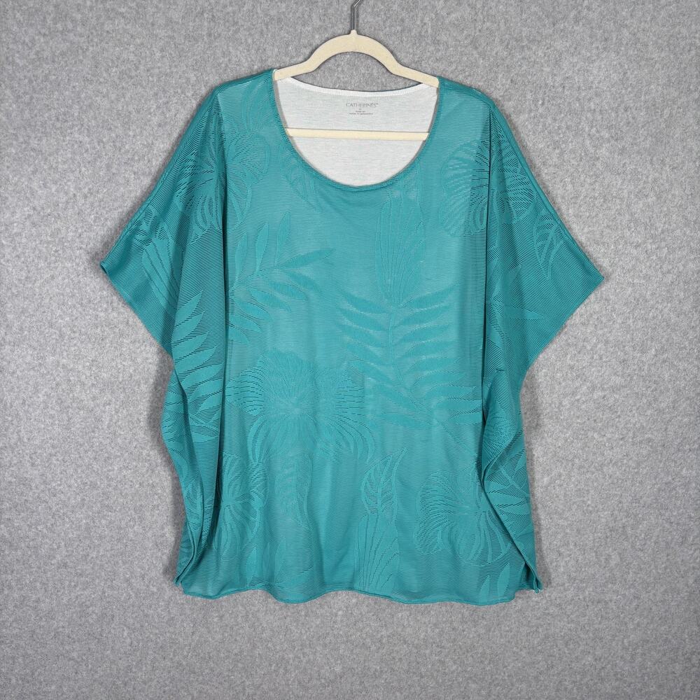 Catherines Top 1X Poncho Blouse Turquoise Flowy Stretch Tropical Leaf Print